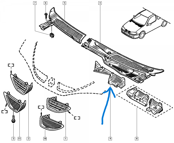 Renault Megane 1 Ön Cam Izgara Havalandırma alt parça [7700425376] YP [I-F-109]