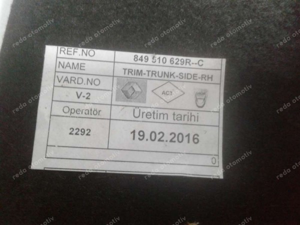 Dacia Logan Sandero Sol Arka Bagaj Kaplaması Orj 849510629R YP (CC-130)